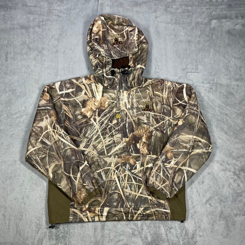 Mad Dog Gear MAX-4 Camo Hunting Jacket Mens L Fleece 1/4 Zip Hooded Pullover